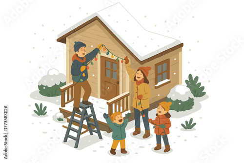 Family decorating small house with lights in winter snow scene