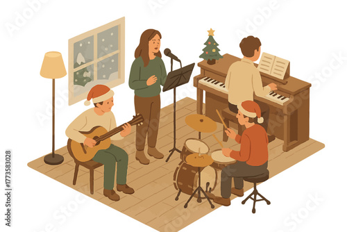 Cozy christmas music ensemble with singing and instrumental performance