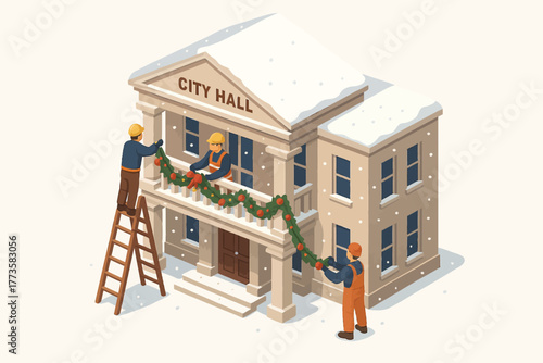 City hall winter decoration with workers hanging festive garland
