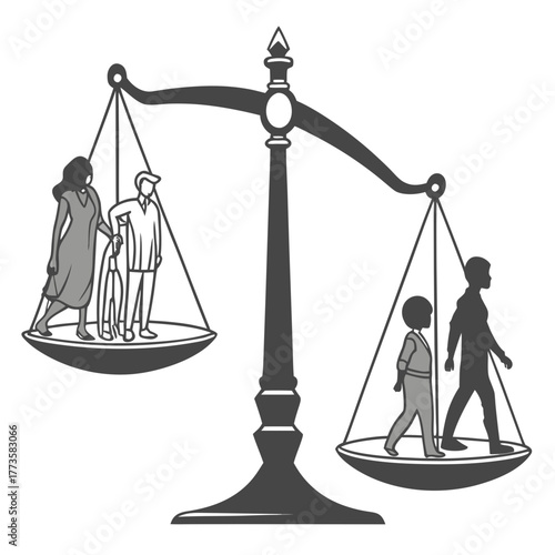 Scales of justice balancing different generations and family structures representing equality and fairness