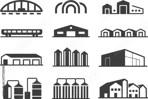 Industrial buildings icons set, vector silhouettes of warehouses, factories, silos, hangars, manufacturing, perfect for logistics, industry projects