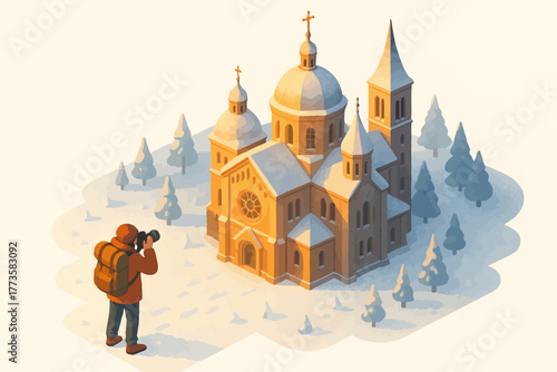 Caucasian male photographer captures snow-covered cathedral in winter landscape