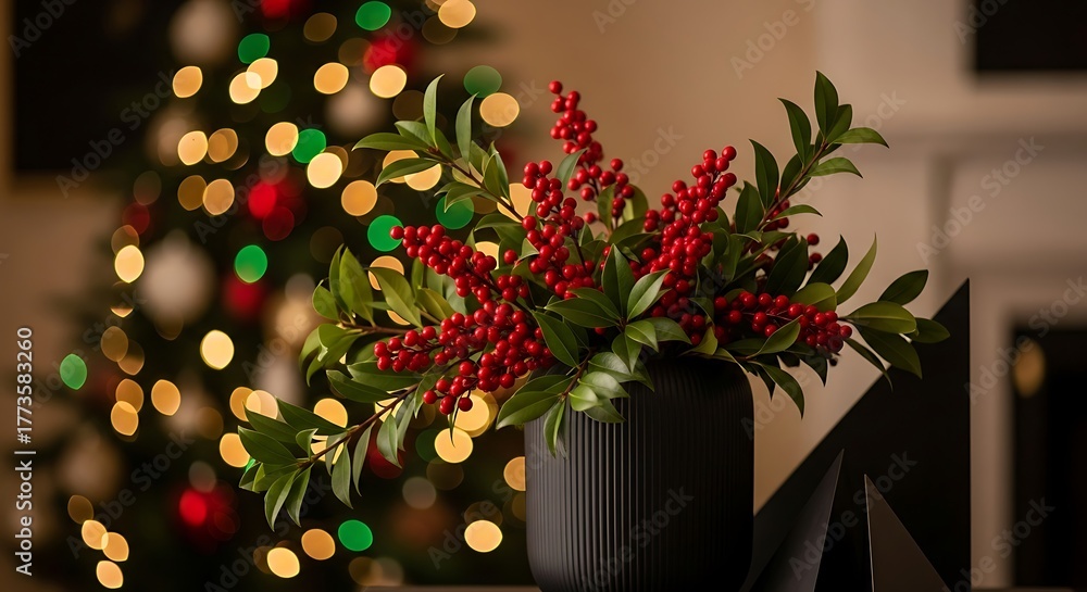 Fototapeta premium Festive Christmas arrangement with red berries and a decorated tree in the background.