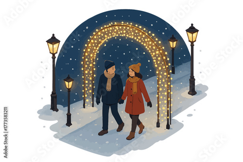 Young caucasian couple walking at night in snowy park with lit archway