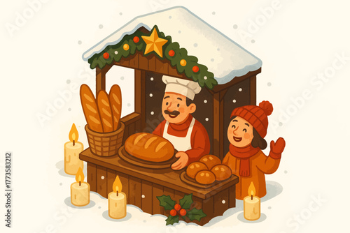 Festive bread stand with cheerful caucasian male baker and young female customer in winter
