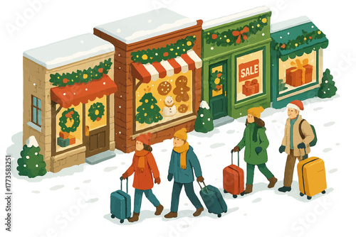Winter holiday shopping with luggage: three fashionable young adults walking by festive stores