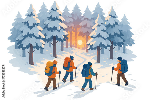 Group of diverse adults hiking through snowy forest at sunrise
