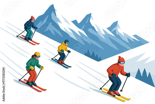 Group of skiers descending snowy mountain slope in colorful winter gear