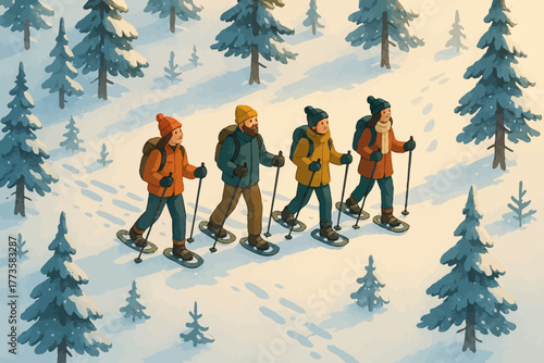 Group of four snowshoe hikers in winter forest scenery