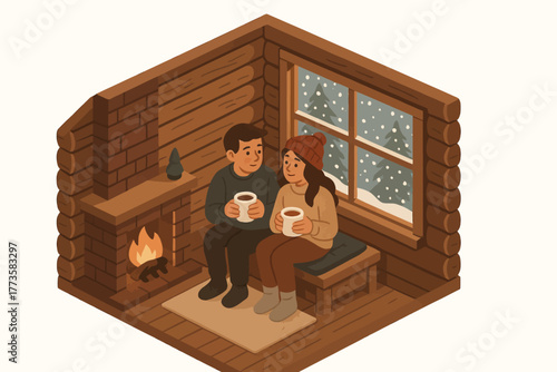 Cozy winter cabin scene with young caucasian couple enjoying hot drinks by fireplace