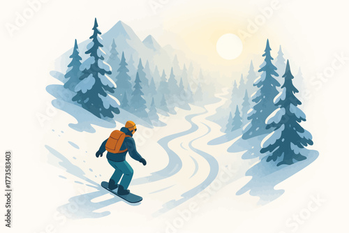 Snowboarder on mountain slope in winter wonderland forest at sunrise