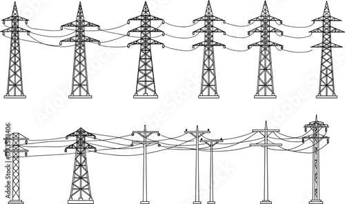 High voltage transmission towers, utility electric poles, power distribution grid, industrial electricity infrastructure vector engineering illustration, energy network design