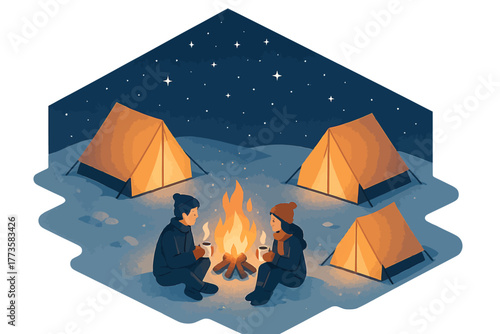 Caucasian young adults camping under starry night beside campfire with tents