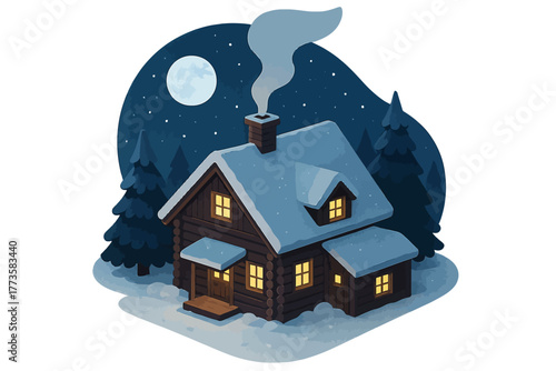 Cozy winter cabin in moonlit snowy forest with chimney smoke