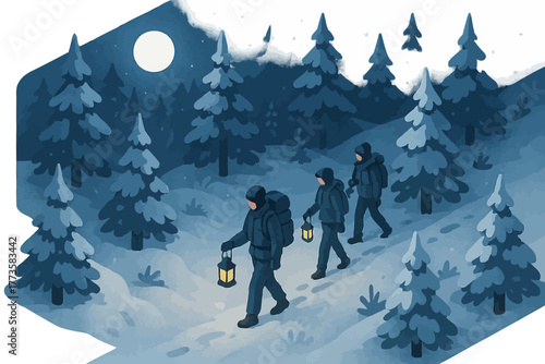Night hike in snowy forest with three young caucasian adults holding lanterns under moonlight