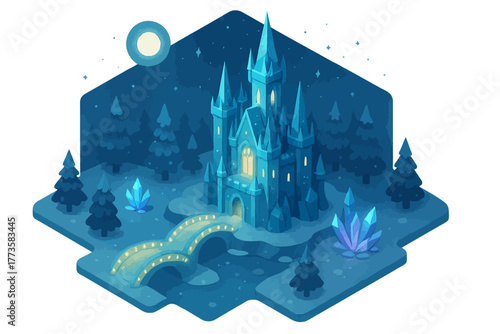 Enchanted night scene with illuminated castle and fantasy landscape