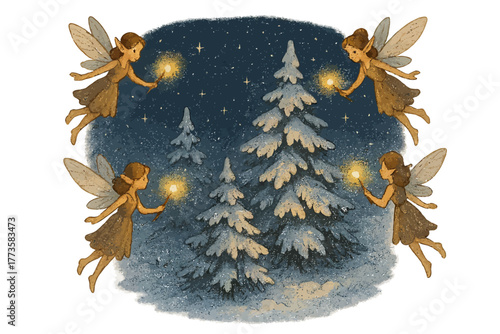 Enchanting winter scene with fairies and snow-covered trees at night