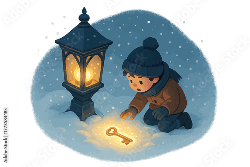 Young caucasian boy discovers glowing key in snow beside lantern