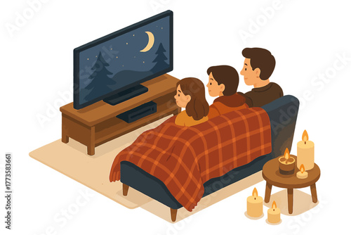 Family enjoys cozy night watching tv together under blanket with candlelight