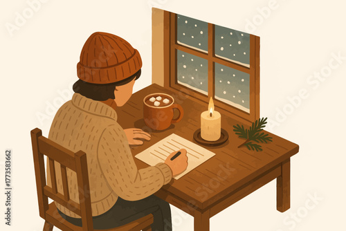 Young caucasian female writing by candlelight in cozy winter scene with hot chocolate
