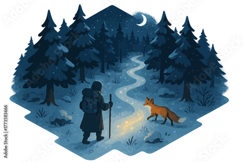 Winter night hike in enchanted forest with fox and mysterious traveler