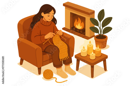 Young caucasian woman knitting by cozy fireplace with candles and warm lighting