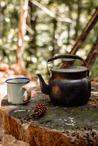 A cozy vertical shot of a dark, rustic kettle and a light blue enamel mug with a braided handle, resting on a moss-covered log in a soft-focus forest setting