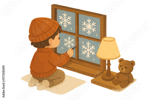 Young caucasian child observing snowflakes through window with teddy bear and lamp