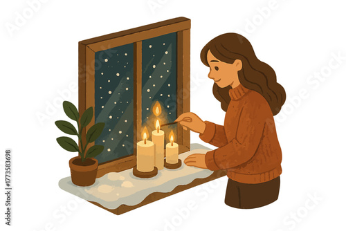 Young caucasian female lighting candles by snowy window in cozy winter scene