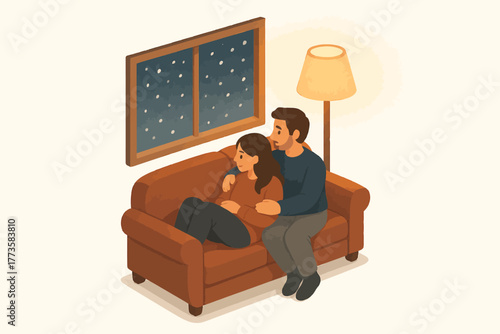 Cozy winter evening: young caucasian couple relaxing on sofa by window