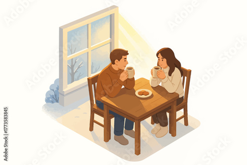 Cozy winter morning with young caucasian couple enjoying coffee indoors