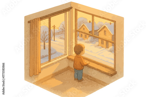Young caucasian child gazing out window at snowy street scene in winter morning light
