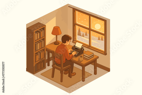 Young caucasian male typing at desk by window on snowy evening