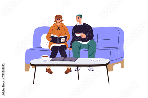 Happy couple sits on sofa, drinks coffee together. People relax on comfortable couch, reading paper book or fashion magazine in waiting room. Flat isolated vector illustration on white background