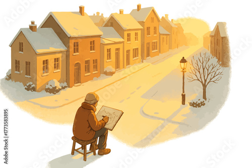 Artist sketching a snowy town scene at sunrise