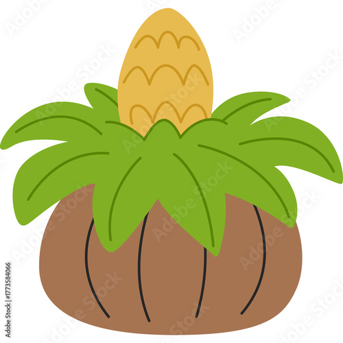 Cute Cartoon Illustration of a Yellow Pineapple Plant with Green Leaves and a Brown Base on a Transparent Background