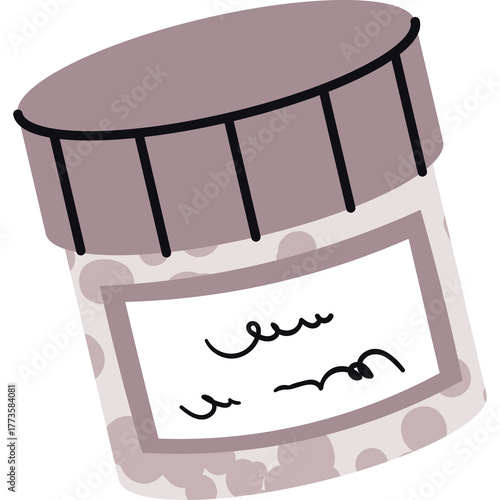 Cute cartoon jar with a gray lid and a white label filled with small colorful dots on a transparent background