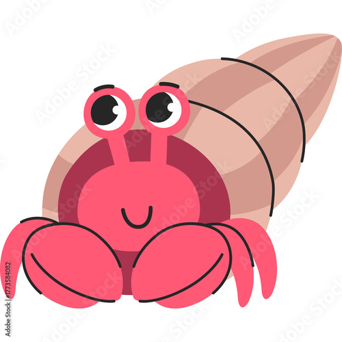 Cute Cartoon Hermit Crab With Pink Shell and Big Eyes Isolated On Transparent Background With Simple Flat Design Style