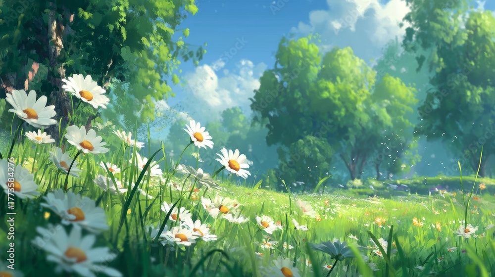 Obraz premium Daisies blossom in a tranquil meadow under a clear blue sky
