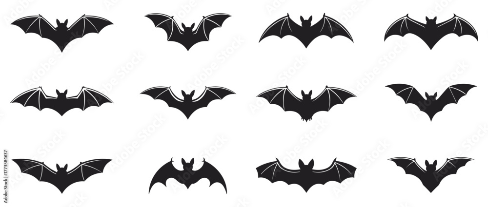 Naklejka premium Twelve Black Silhouette Bat Icons With Wings Spread In Various Poses flying