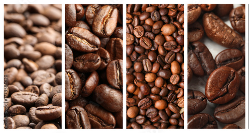 Roasted coffee beans, collage of pictures. Banner design