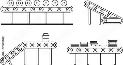 Industrial conveyor belt system illustration, factory automation, production line equipment, material handling, manufacturing process, assembly line, packaging conveyor, machinery design