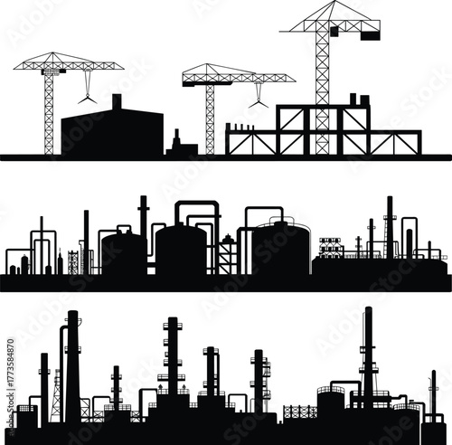 Industrial construction site silhouette, factory buildings, oil refinery plant, cranes, storage tanks, pipes, industrial complex, manufacturing facility, 