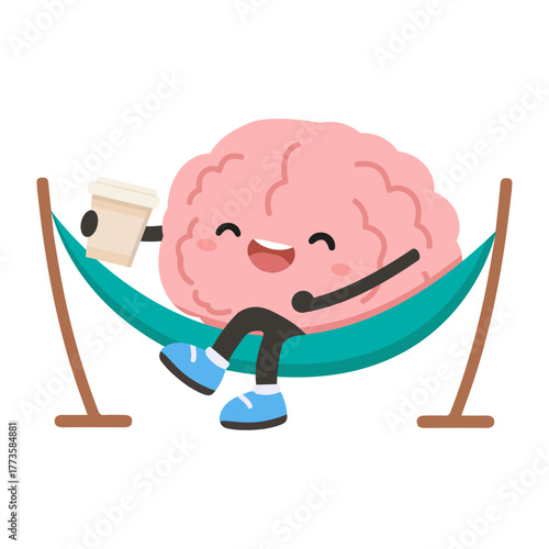 Cartoon Brain Relaxing in Hammock with Coffee