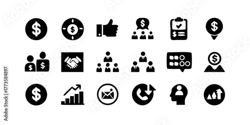 Black business people communication vector icons set for web design, social media, phone, internet, and computer silhouette illustration
