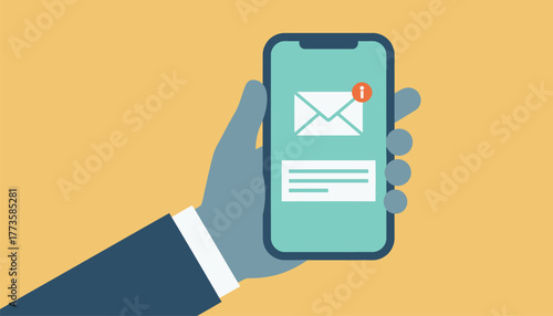 Closeup of a hand holding a smartphone showing a client email notification representing constant communication in freelance work.