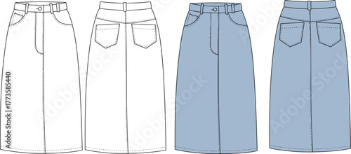 High waist denim midi skirt front and back view, technical fashion sketch, cad drawing, vector flat design, clothing template