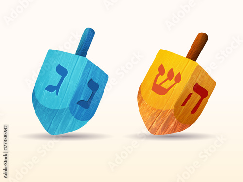 Hanukkah dreidel clipart. Happy Hanukkah creative 3d icons with a colored dreydl. Translation - nun, gimel, hey, shin. Vector illustration for the Festival of Lights