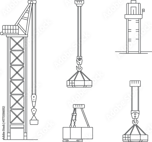 Industrial crane lifting equipment vector set, construction hoist system, cargo transport tools, heavy machinery outline icons for engineering projects