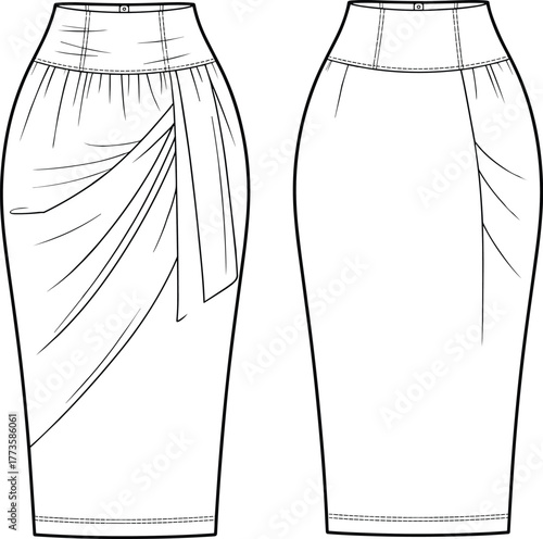 High waist draped pencil skirt flat sketch, elegant women’s wear with pleats and waistband, technical CAD drawing vector illustration